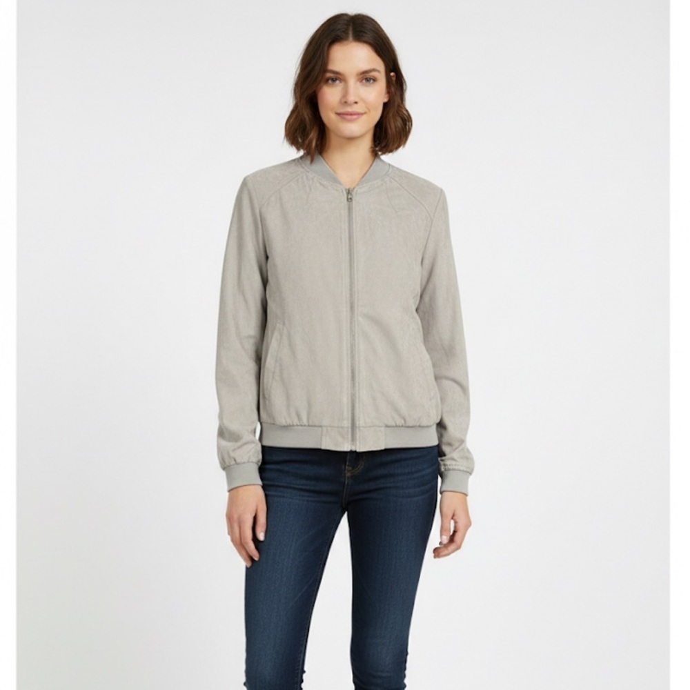 Be Cool Suede-Feel Full Zip Bomber Jacket Taupe color large